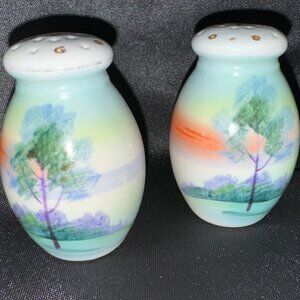 Vintage Nippon Salt Pepper Shaker, Handpainted, Japan, Green Tree